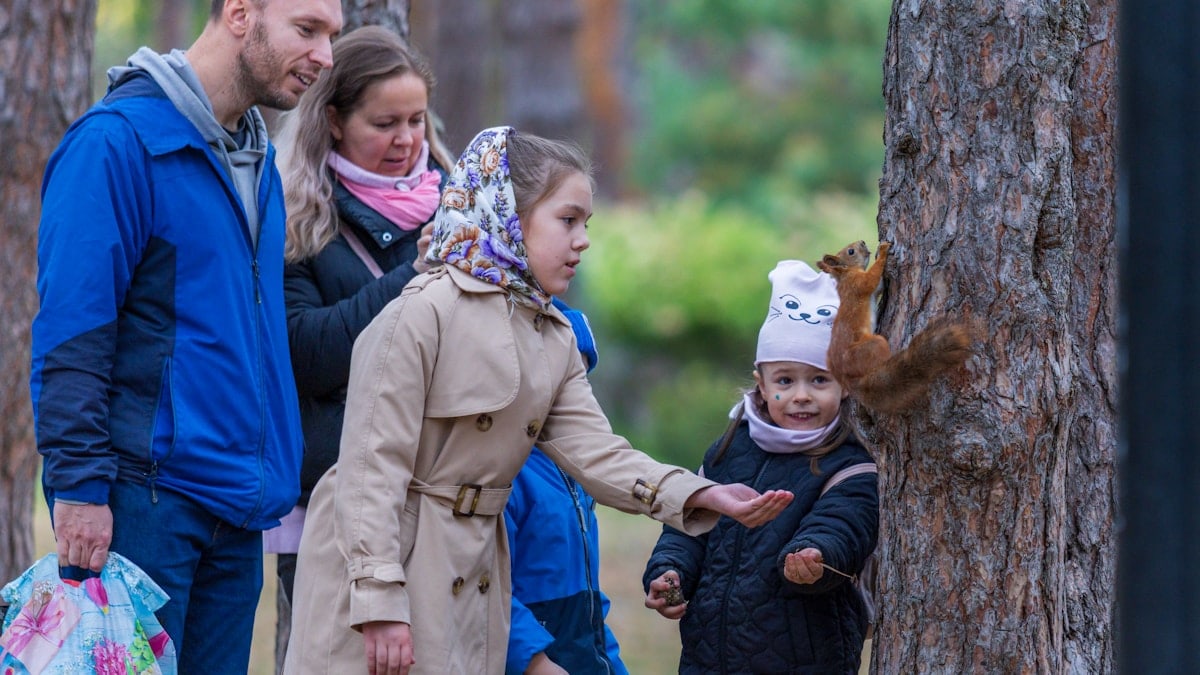 Family feeding a squirrel in a forest
